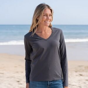 Women's Long Sleeve V Neck T-shirt, Dark Grey, XXL